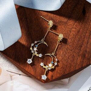 Moon & Star Dangle Earrings Gold Plated